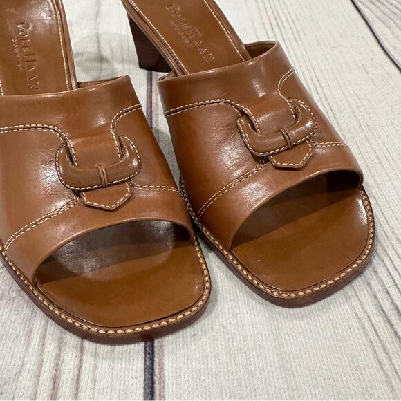 Cole Haan Country Carmel Brown Leather Peep Toe Slide 2 1/2" Block Heel Sz 6B - Picture 11 of 12